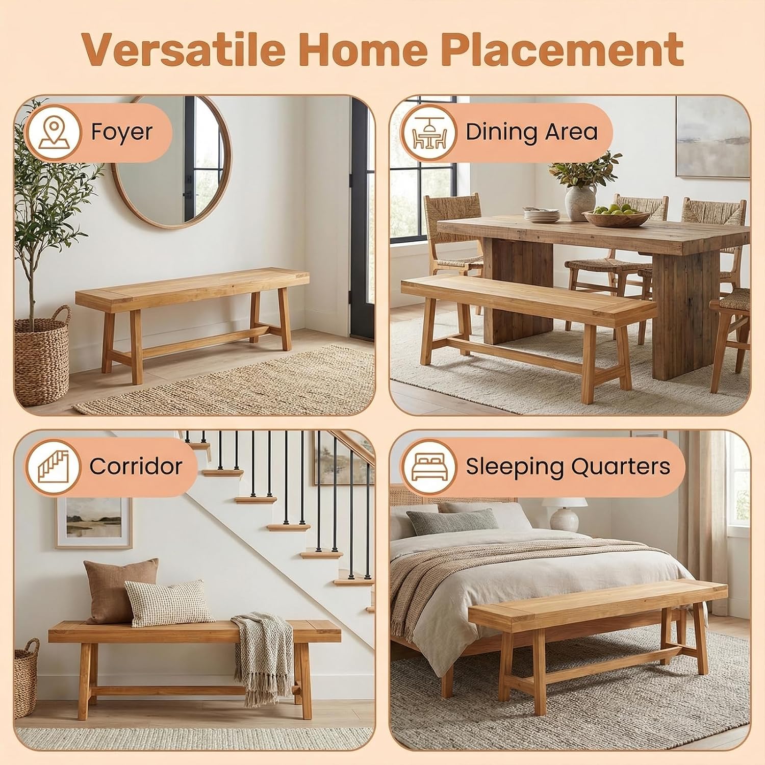 Tangkula 63-Inch Teak Wood Outdoor Bench Backless, Farmhouse Long Patio Dining Bench, 3-Person Dining Bench with Angled Legs for Dining, Entryway, Outside Wood Bench for Balcony, Backyard & Garden (1)
