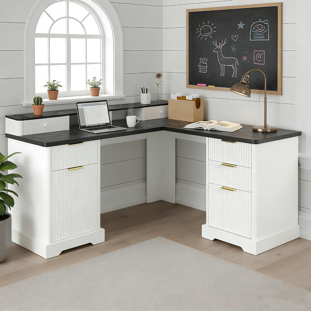 Fluted L Shaped Executive Desk with 6 Drawers & Monitor Stand, Home Office Computer Writing Desk with Power Outlets, File Drawer, Wood Corner Workstation Desk with Storage for Study, Bedroom(White)