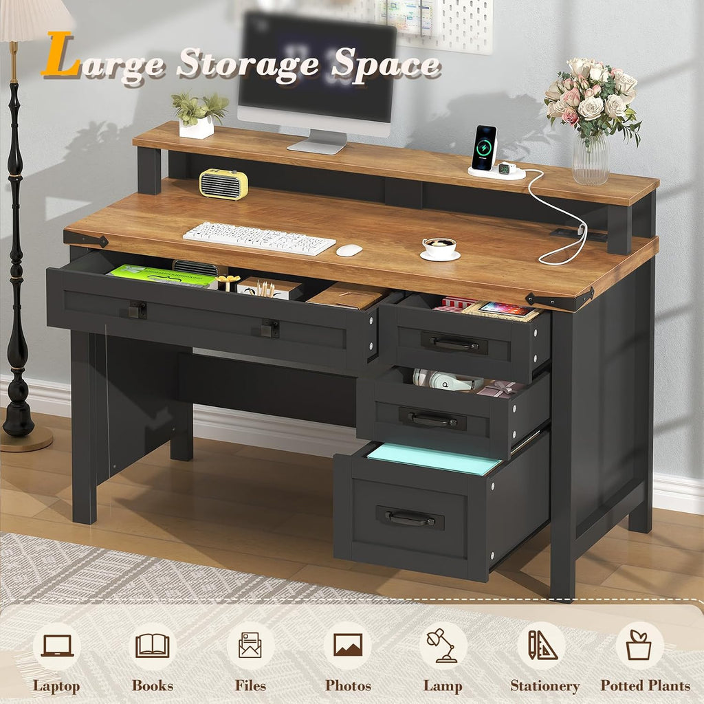 YOMILUVE Farmhouse Computer Desk with Drawers, 47' Small Computer Desk with Power Outlets, Home Office Desk with Monitor Stand & 4 Drawers, Writing Study Table, Brown and Black