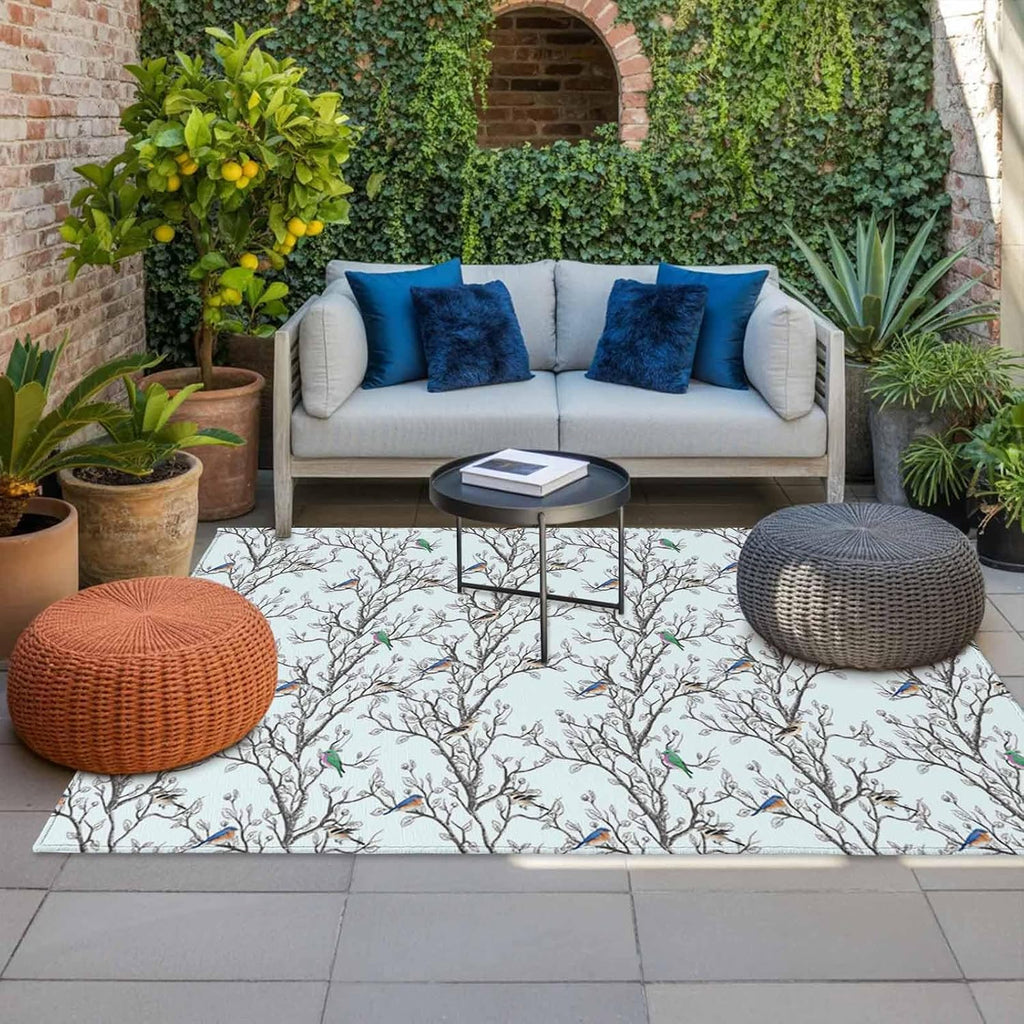 Natural Trees Branches Outdoor Rug for Patio/Deck/Porch, Non-Slip Large Area Rug 4 x 6 Ft, Colored Birds Vintage Rustic Blue Indoor Outdoor Rugs Washable Area Rugs, Camping Rug Carpet Runner