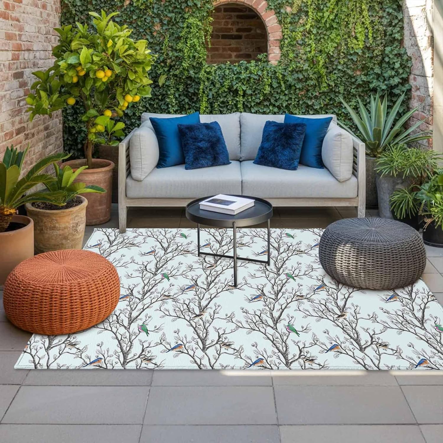 Natural Trees Branches Outdoor Rug for Patio/Deck/Porch, Non-Slip Large Area Rug 5 x 7 Ft, Colored Birds Vintage Rustic Blue Indoor Outdoor Rugs Washable Area Rugs, Camping Rug Carpet Runner