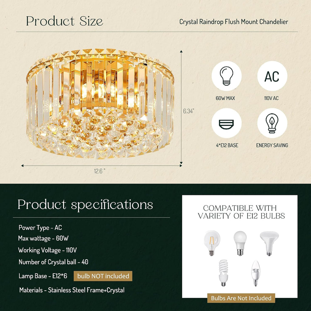 12.6' Gold K9 Crystal Raindrop Flush Mount Ceiling Light, Modern Chandelier, Round Luxury Light Fixture for Dining Room, Bedroom, Hallway, Kitchen Island & Living Room