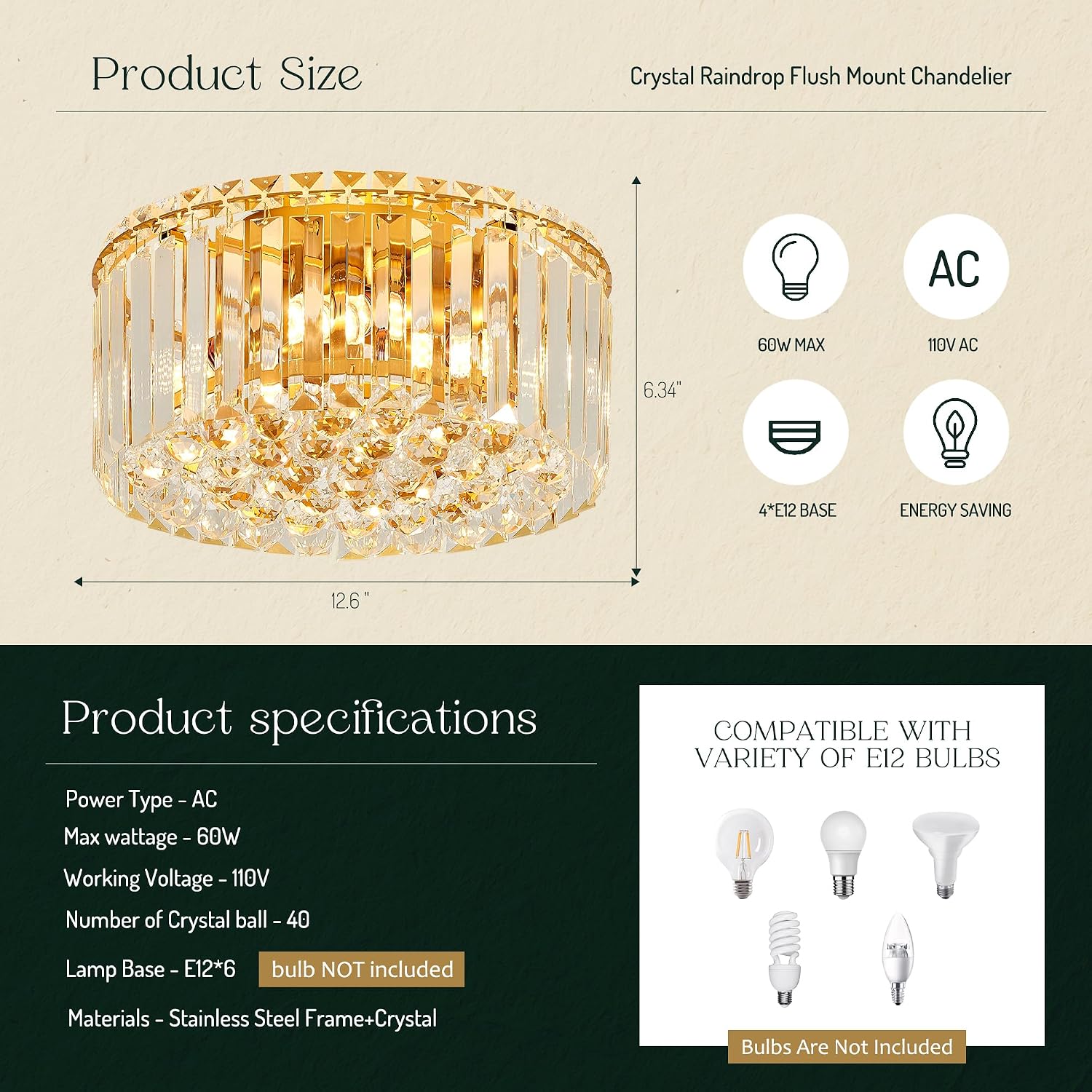 12.6' Gold K9 Crystal Raindrop Flush Mount Ceiling Light, Modern Chandelier, Round Luxury Light Fixture for Dining Room, Bedroom, Hallway, Kitchen Island & Living Room