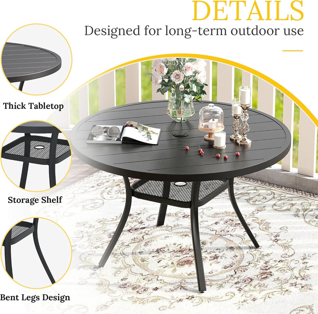 VICLLAX 41.2'x 28' Outdoor Round Patio Table for Lawn Garden, All Weather Metal Round Patio Dining Table with Adjustable Umbrella Hole, Patio Table for 4 Person, Black Tabletop