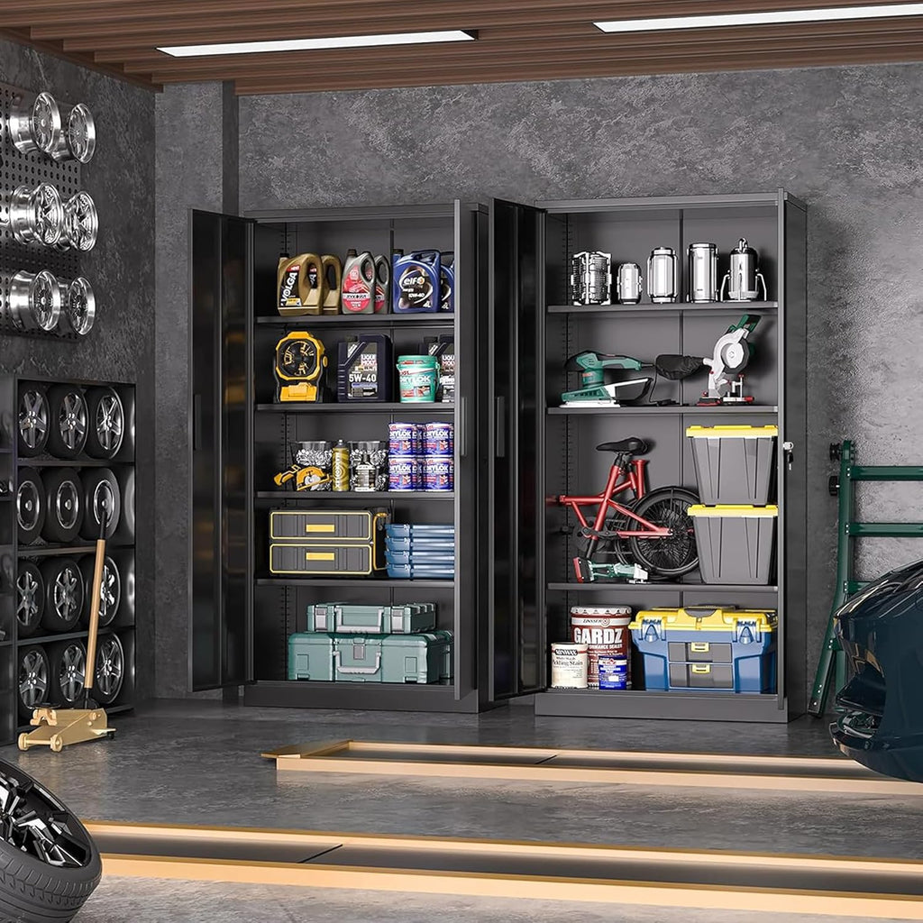 Greenvelly Metal Garage Storage Cabinet, 72' Locking Black Tool Steel Cabinet with Doors and 4 Shelves, Tall Metal Cabinets with Garage Storage Systems for Home Office, Kitchen/Pantry