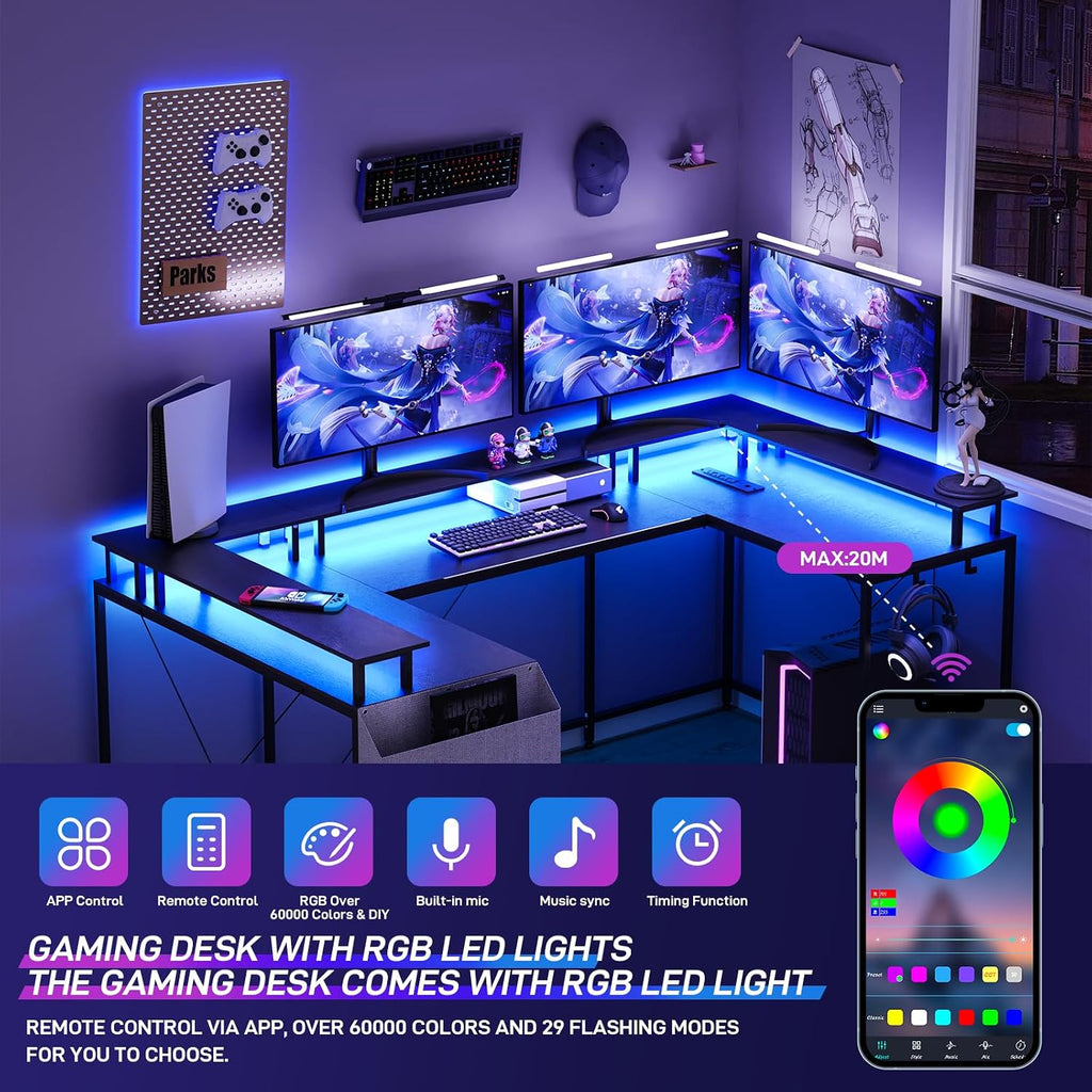 u Shaped Desk with Power Outlets & LED Lights, 79' Extra Large Reversible Corner Office Desk, Monitor Stand & Storage Shelves, Corner Computer Table Office Table with Full Monitor Stand