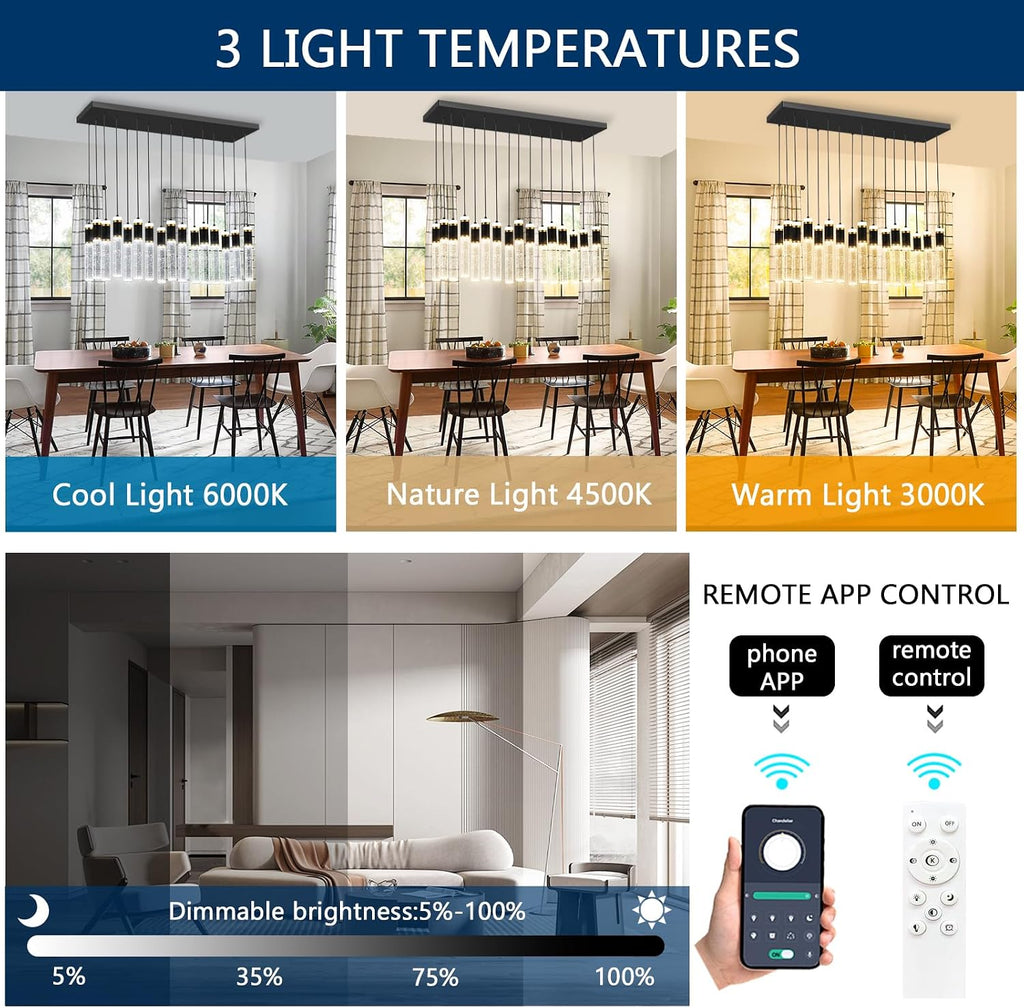 16-Lights Modern Cystal for Kitchen Island LED Dimmable Pendant Lighting Fixture Crystal Chandelier Light Fixtures for Dining Room