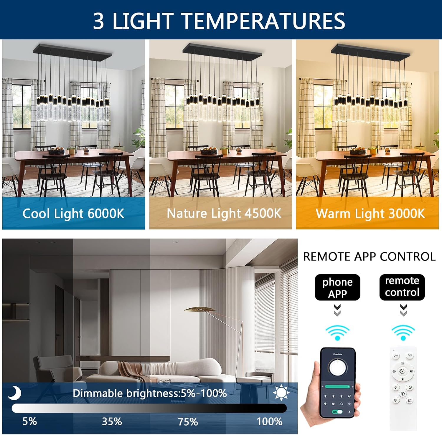16-Lights Modern Cystal for Kitchen Island LED Dimmable Pendant Lighting Fixture Crystal Chandelier Light Fixtures for Dining Room