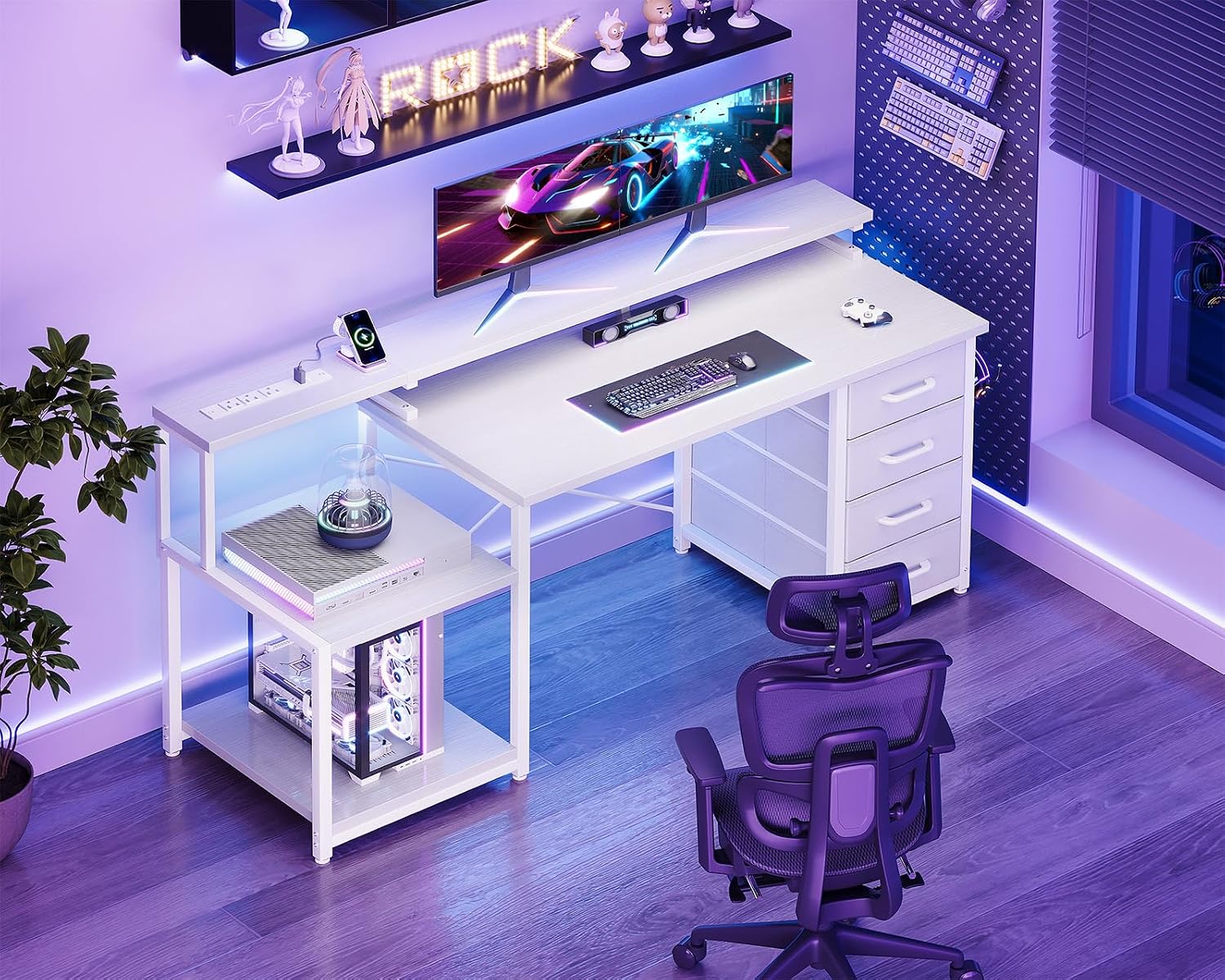 ODK 55 Inch Gaming Computer Desk with Power Outlets and 4 Drawers, Large Home Office Desk with Monitor Stand, Printer Shelf and Storage Shelves for Gaming or Bedroom Setup, White