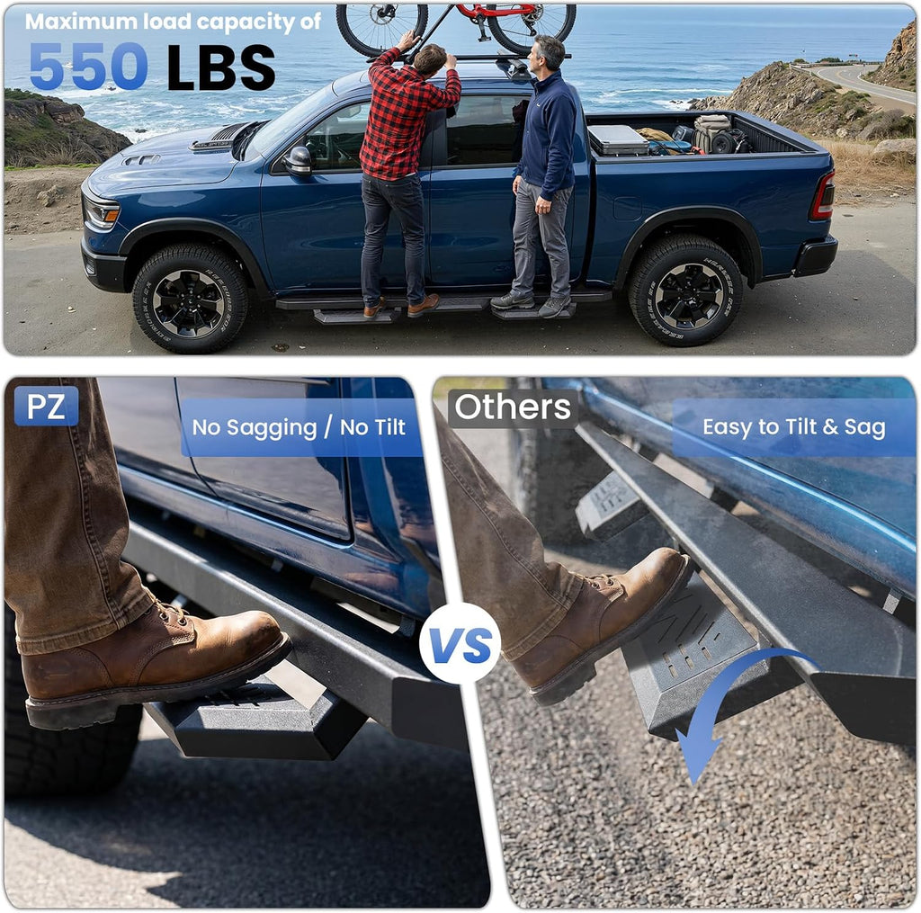 PZ 6' Running Boards Anti-Slip Side Steps Carbon Steel Compatible with Dodge Ram 1500 Crew Cab 2019-2025 New Body Style,550LBS Steel No Drill Truck Running Boards Direct Fit Nerf Bar