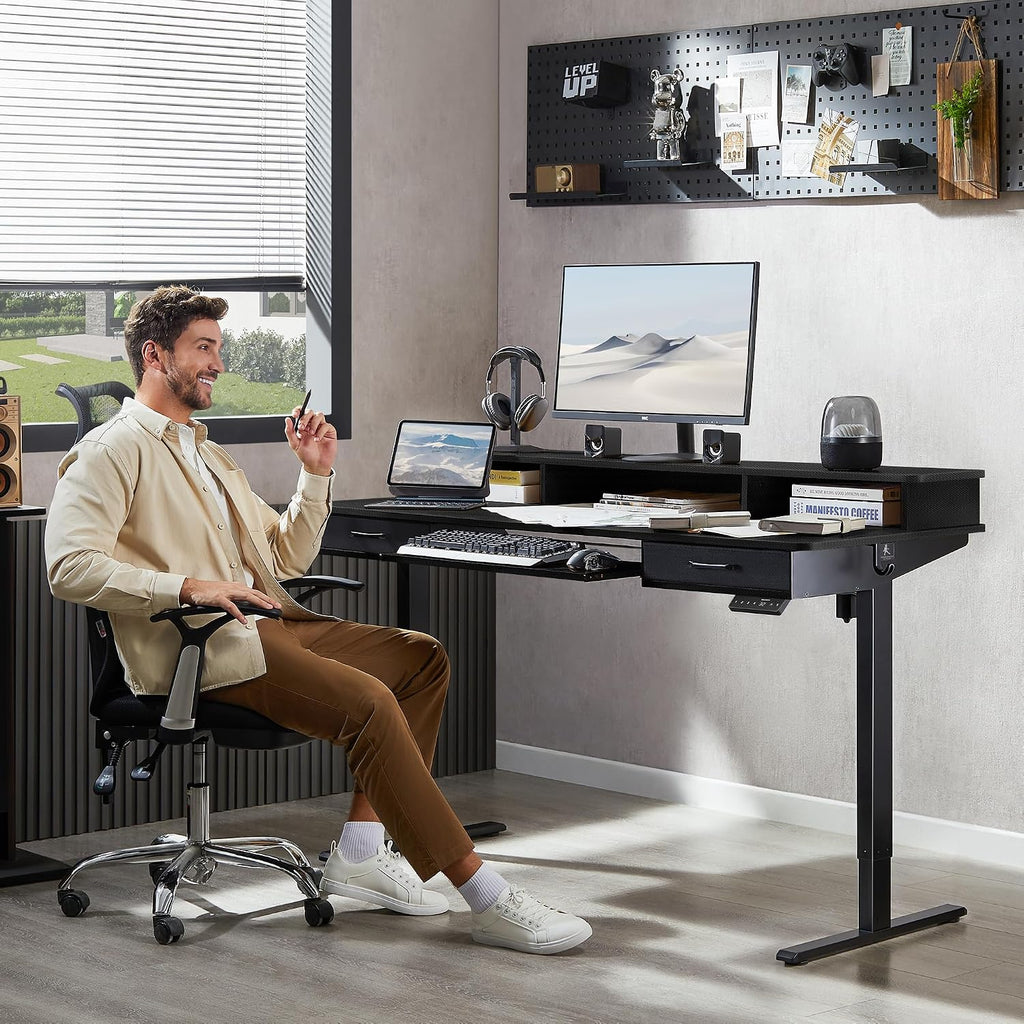 WALKINGDESK 55x24 Inches Electric Standing Desk with Keyboard Tray, Height Adjustable Stand up Desk with 2 Drawers, Ergonomic Sit to Stand Desk with Storage Monitor Stand, Computer Table, Black
