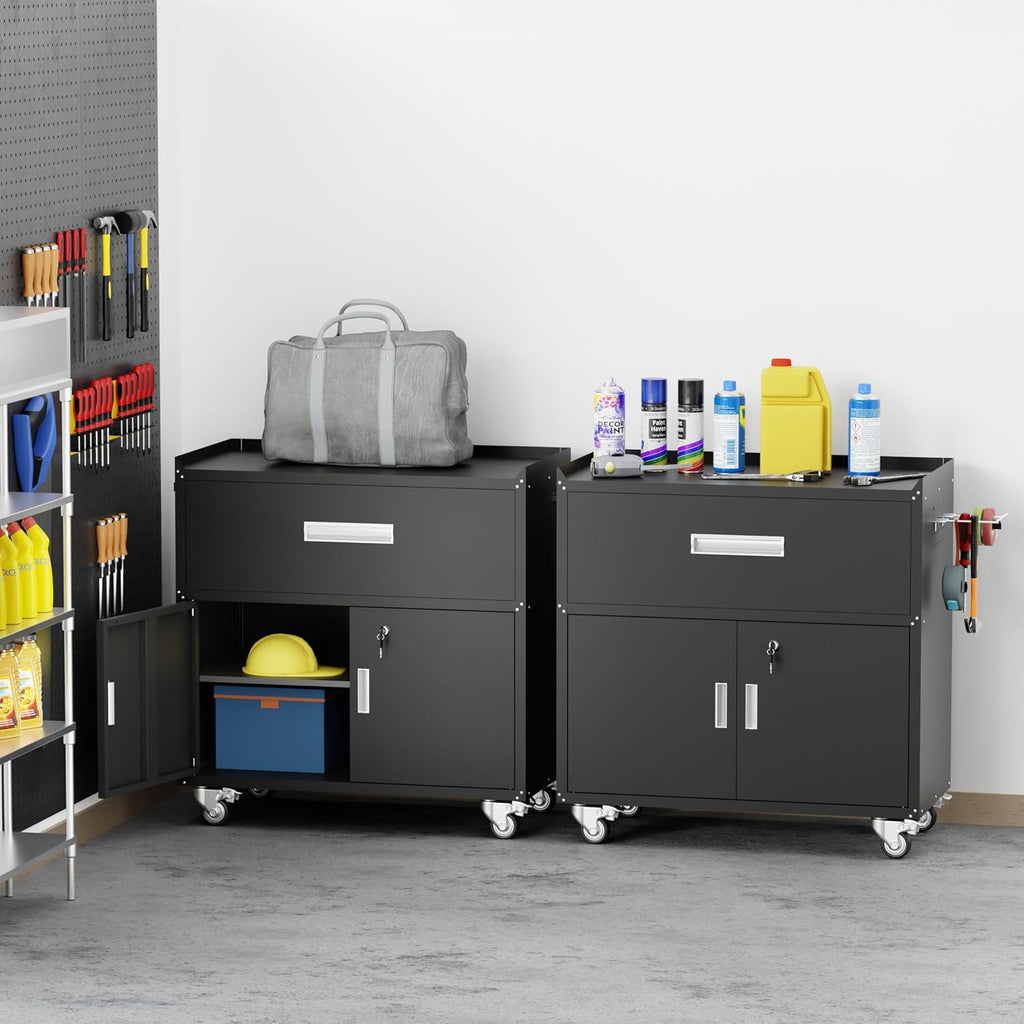 Baborokic Black Metal Garage Storage Cabinet With Wheels, Lockable Tool Cabinet With Shelves, Rolling Metal Cabinet for Warehouse, Home