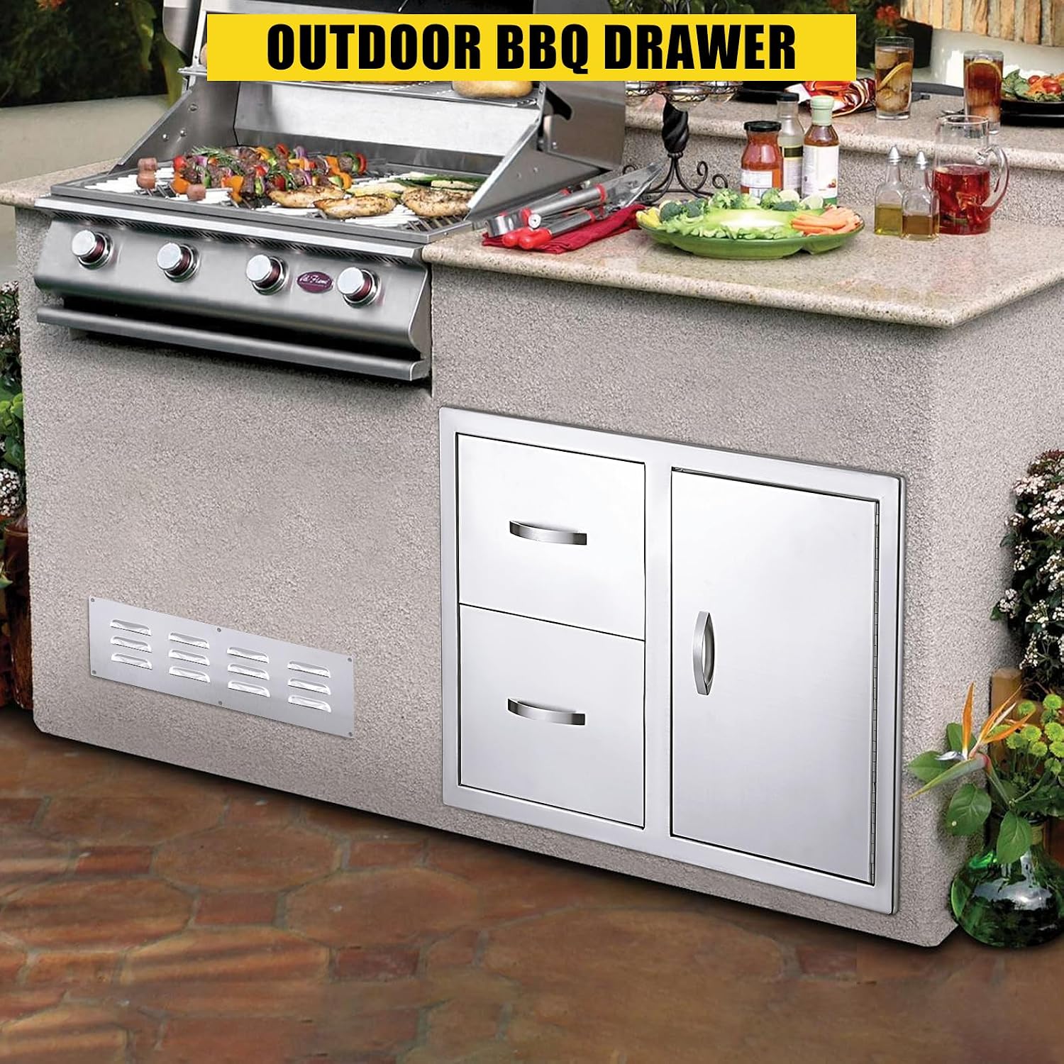 GarveeLife 33''W x 22''H x 22''D Outdoor Kitchen Drawer Combo with Paper Towel Rack, BBQ Access Door Drawers Combo with Stainless Steel, Perfect for BBQ Grill Station Outdoor Kitchen Storage Cabinet