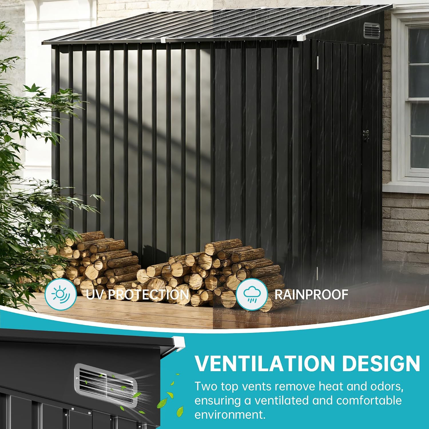 4x6 Lean to Yard Storage Shed, Outdoor Lean to Storage Sheds, Metal Wall Side Bike Shed with Lockable Door for Tool Garden Sheds for Patio Lawn Yard, Black
