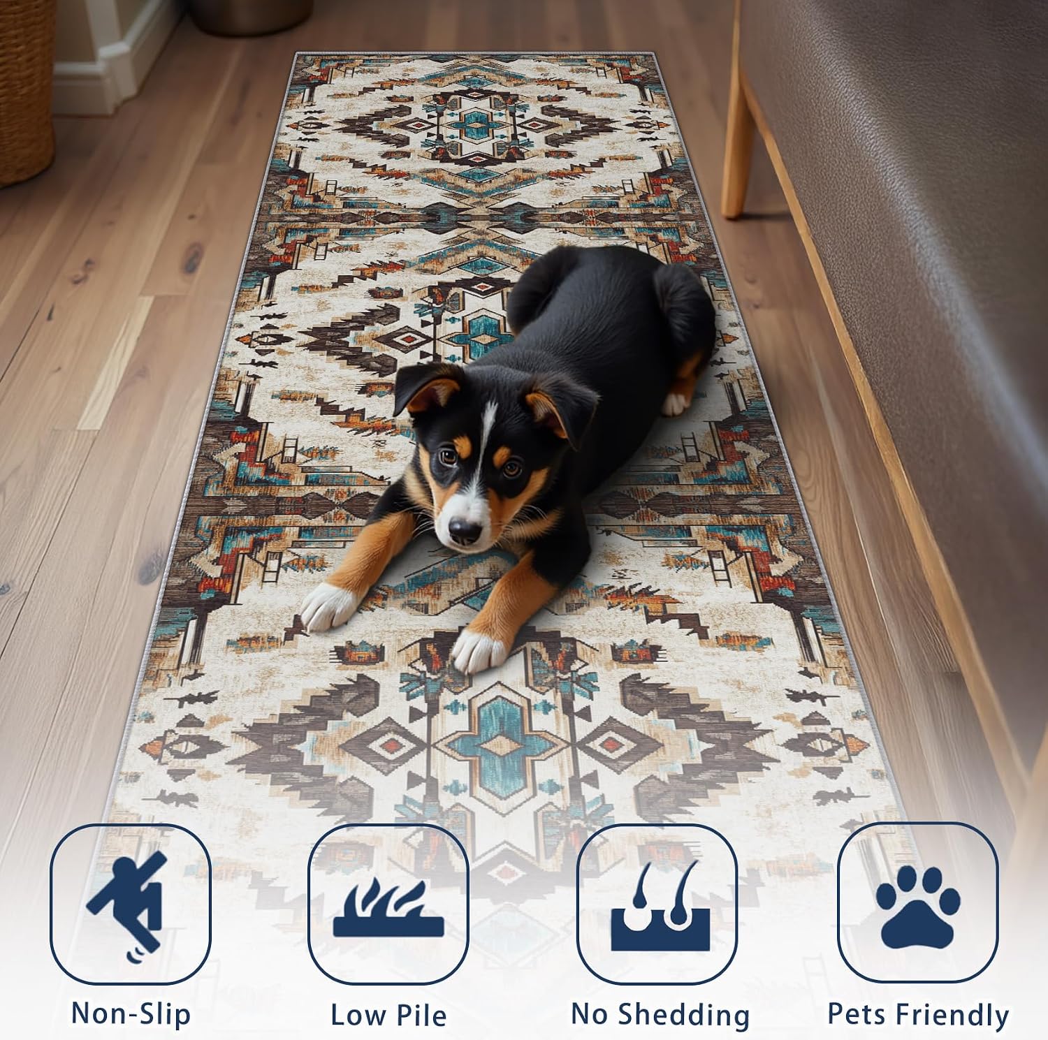 Southwest Rug Runner 4x12 - Washable Non Slip Runner Rug for Hallway - Aztec Tribal Native American Kitchen Rugs - Indian Navajo Carpet Runners for Hallway, Laundry Room, Bedroom, Bathroom