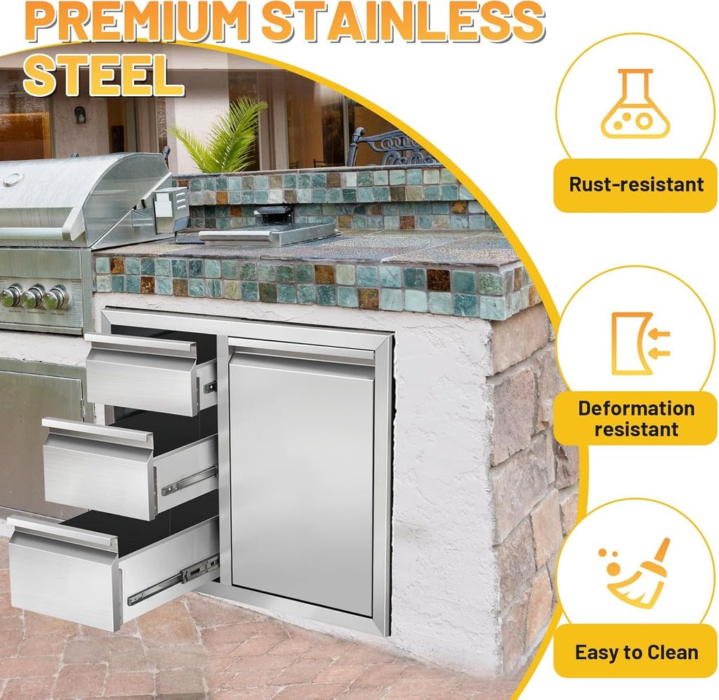 Outdoor Kitchen Drawer Combo Cabinet Stainless Steel Triple Drawers & Trash Drawer with 2 Trash Cans, 28' W x 22' H x 19.5' D Outdoor Kitchen Cabinets for BBQ Grill Station