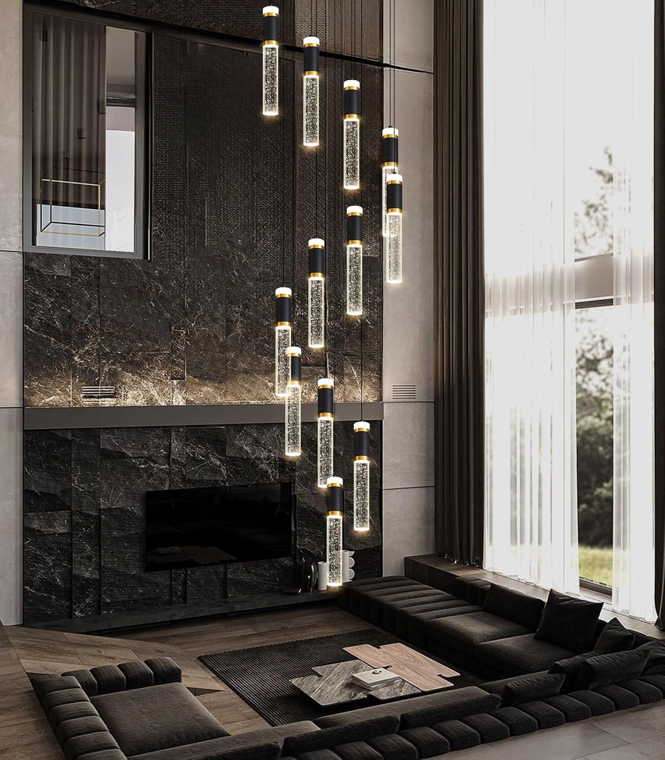 12-Lights Modern Crystal Chandelier for Staircase High Ceiling Chandeliers Large Spiral Bubble Pendant Lighting Hanging Light Fixture Flush Mount for Foyer Entryway