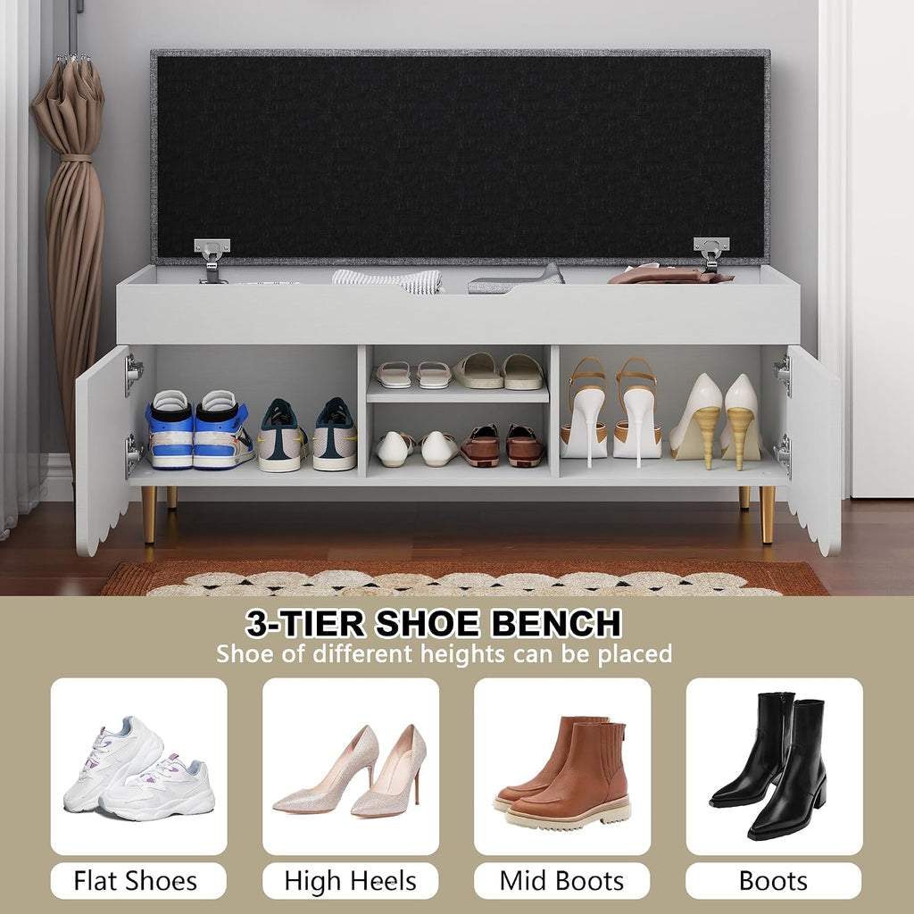 3More 40' Entryway Shoe Storage Bench,Upholstered Hidden Space Beneath Seat Cushion Bench,2-Tier Unique Geometric Shape with Wood Grain,White