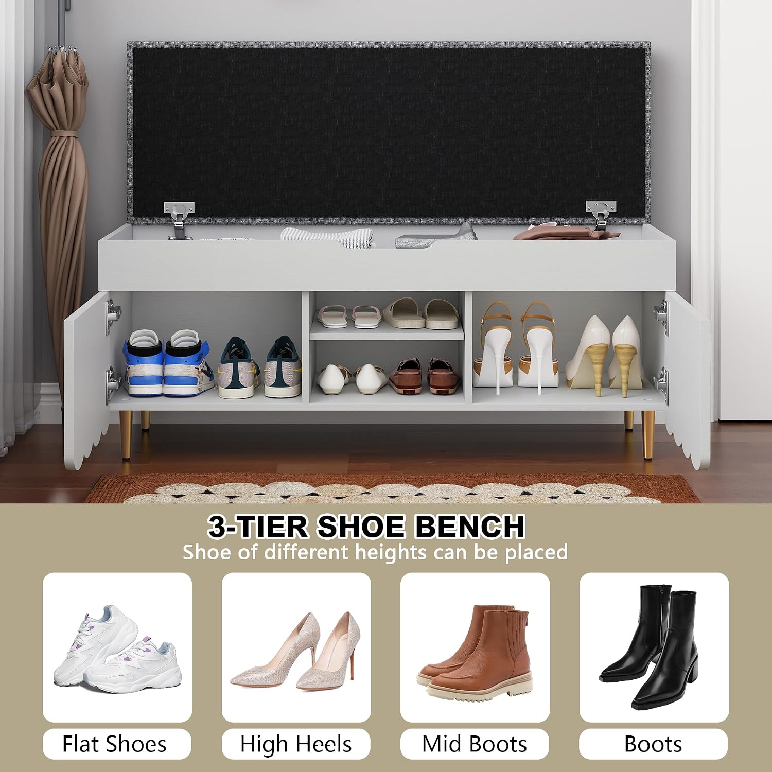 3More 40' Entryway Shoe Storage Bench,Upholstered Hidden Space Beneath Seat Cushion Bench,2-Tier Unique Geometric Shape with Wood Grain,White