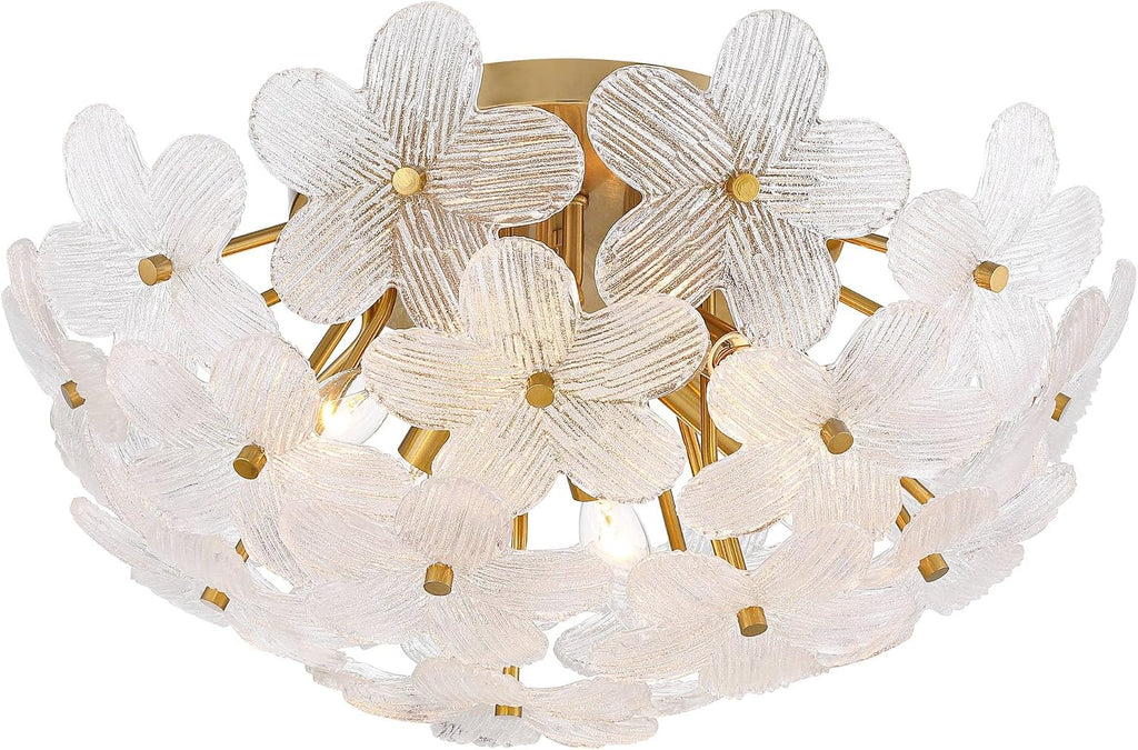 Possini Euro Design Filoli 20' Modern Semi Flush-Mount Ceiling Light Fixture Kitchen Foyer Hallway Flower Unique Gold Finish Glass Metal Bedroom Bathroom Entryway Living Room Indoor Office Small