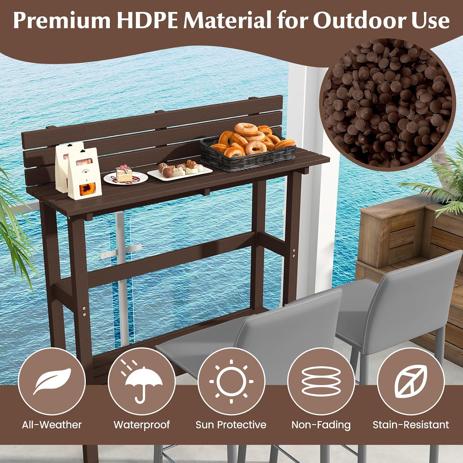 Tangkula Outdoor Bar Table, 48 Inch Patio Pub Height Table with Storage Shelf & Adjustable Foot Pads, All-Weather Bar Height Counter Table, Narrow Dining Table for Hot Tub, Garden & Backyard (Coffee)