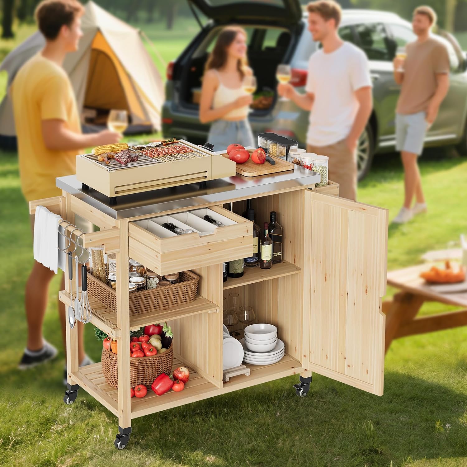Solid Wood Outdoor Grill Cart Storage Cabinet Outdoor Grill Cart, BBQ Cart Prep Table with Stainless Steel Top, Drawer, & Open Shelves, Portable Rolling Kitchen Island for Patio, Garden, Backyard