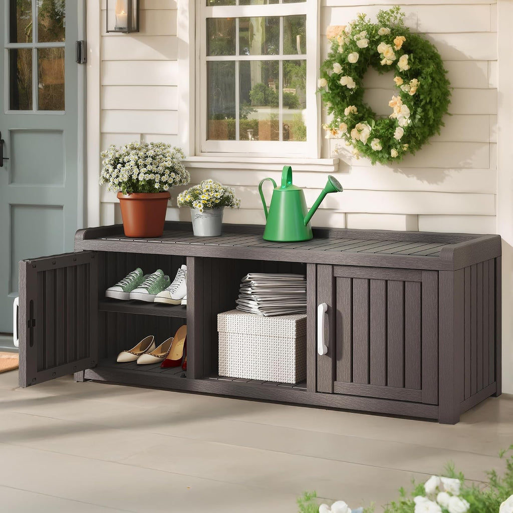 NUNU LAB Resin Shoe Cabinet,Waterproof Shoe Storage Cabinet with Adjustable Shelves,Entryway Storage Bench with Seat,Shoe Bench with Doors for Foyer,Hallway,Living Room (Grey, 2-Door Big)