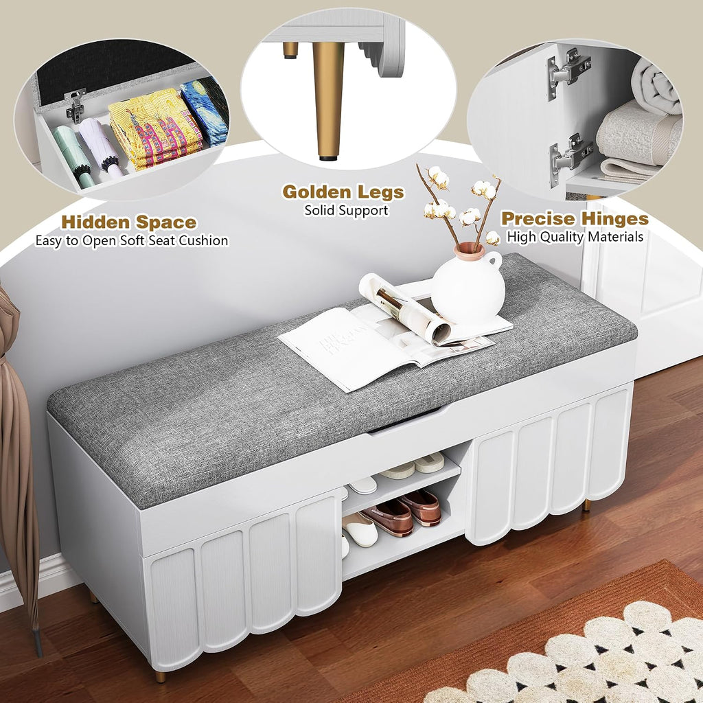 3More 40' Entryway Shoe Storage Bench,Upholstered Hidden Space Beneath Seat Cushion Bench,2-Tier Unique Geometric Shape with Wood Grain,White