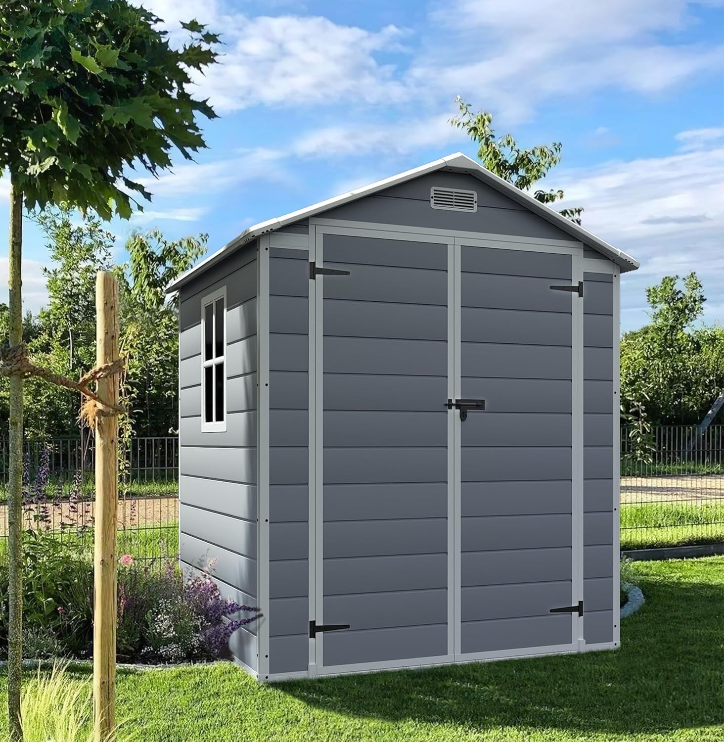 Devoko 6x4 FT Plastic Outdoor Storage Shed with Lockable Door, Outside Tool Shed with Floor for Backyard, Patio, Lawn, Light Grey