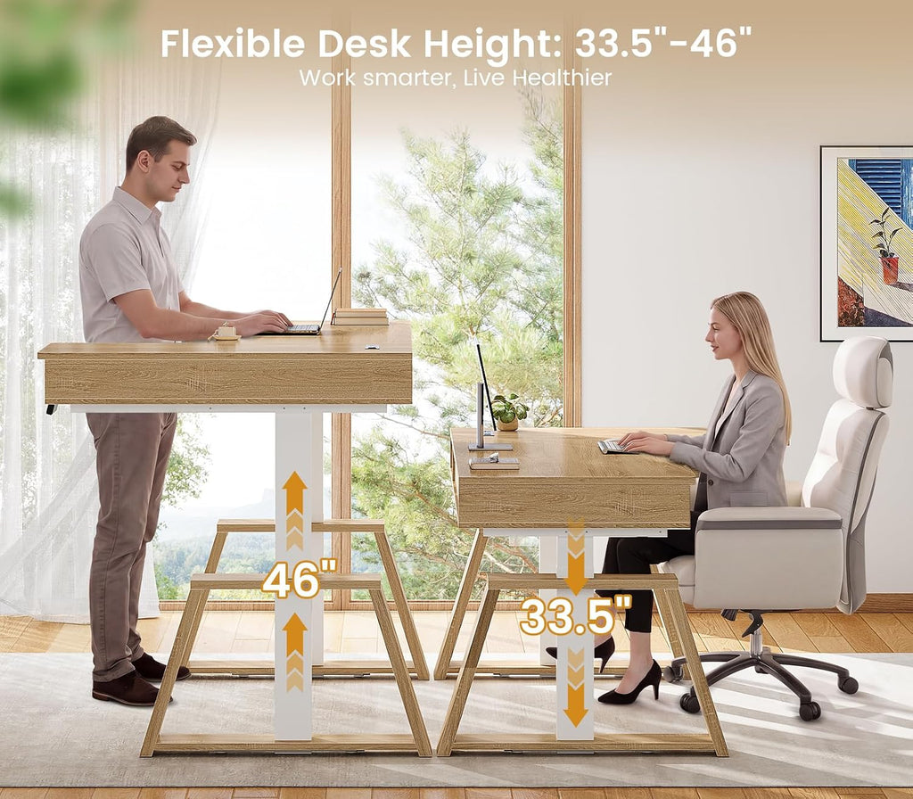 SEDETA 59 Inch L Shaped Electric Standing Desk with Drawers, Executive Adjustable Desk with Power Outlets, Sit Stand Computer Table for Home Office, Oak