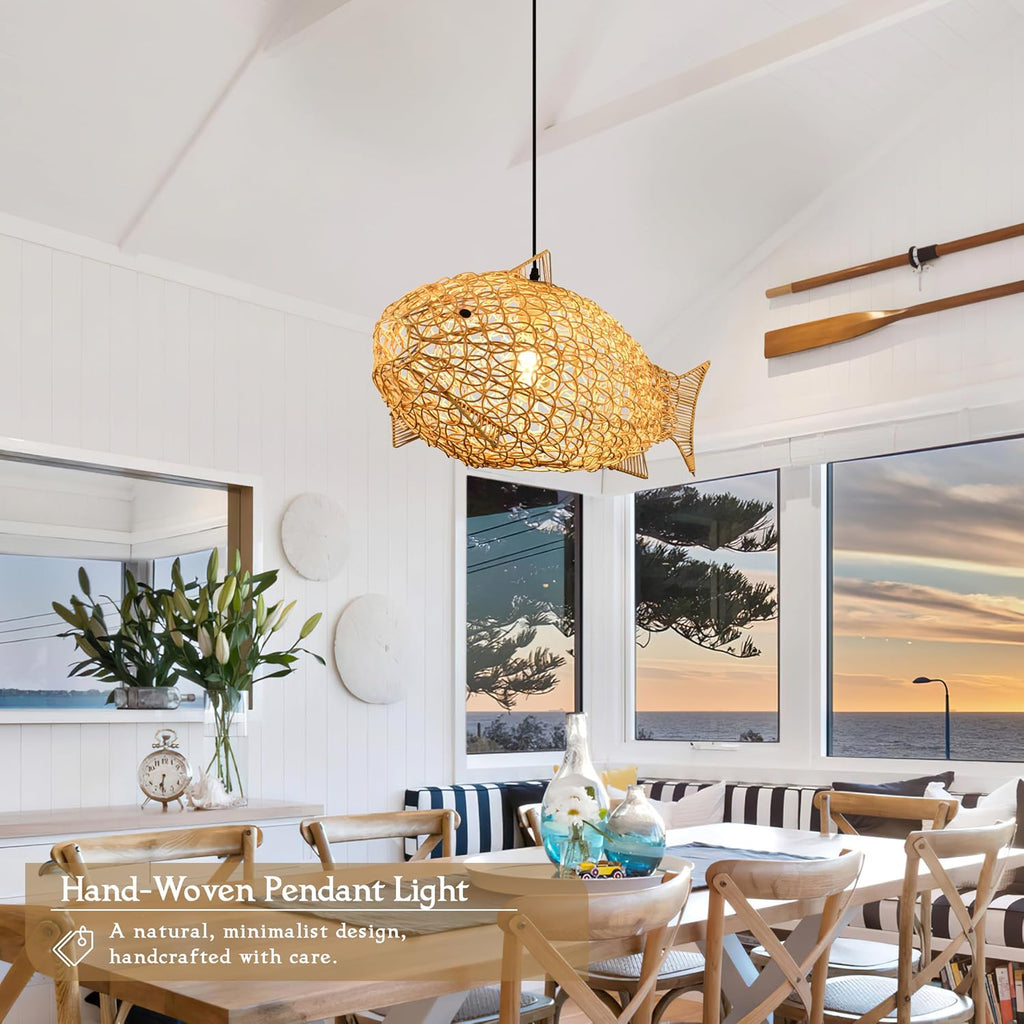 24 inch Fish-Shaped Rattan Woven Pendant Light Boho Chandelier Rustic Farmhouse Chandelier Rattan Light Fixture for Dining Room Living Room Bedroom Kitchen Foyer(Bulb Included)