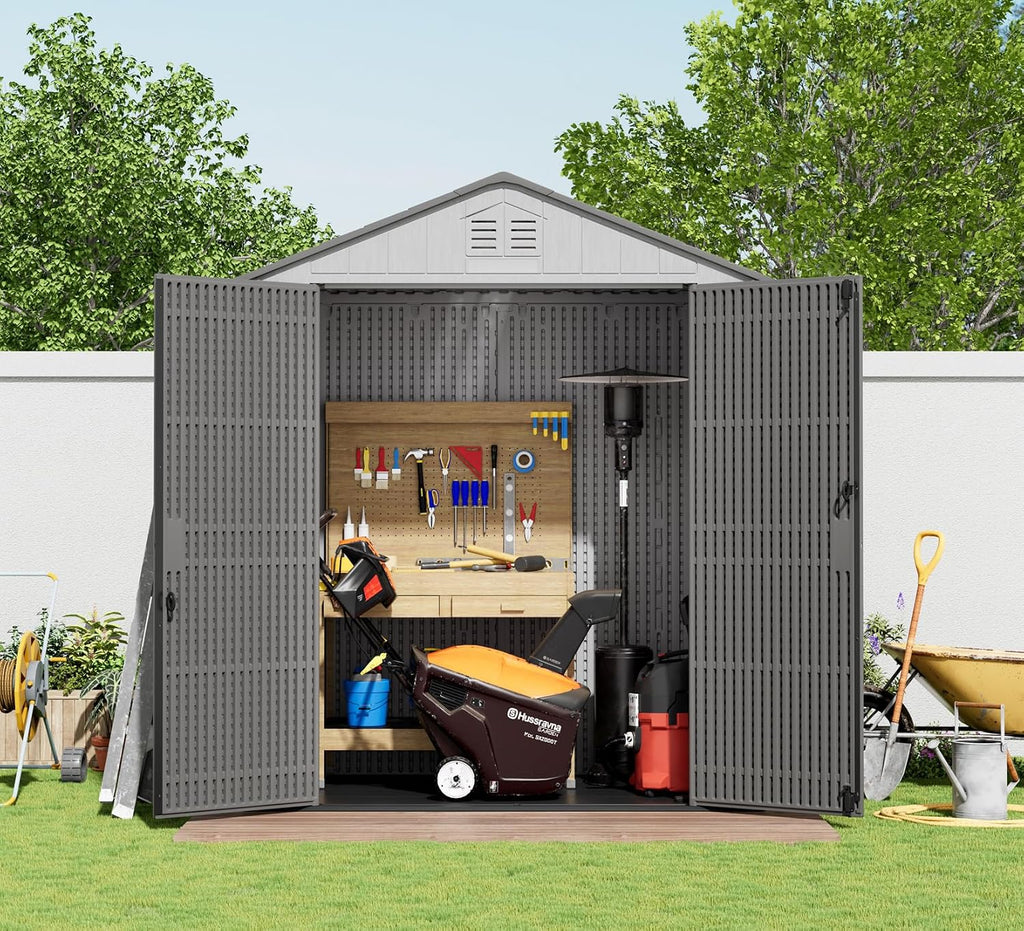 ZZM Outdoor Storage Shed 6x4 Ft, All-Weather Resistant Resin Garden Sheds & Outdoor Storage Clearance with Floor and Windows, Double-Layer Plastic Tool Shed for Backyard, Patio & Lawn (Gray)