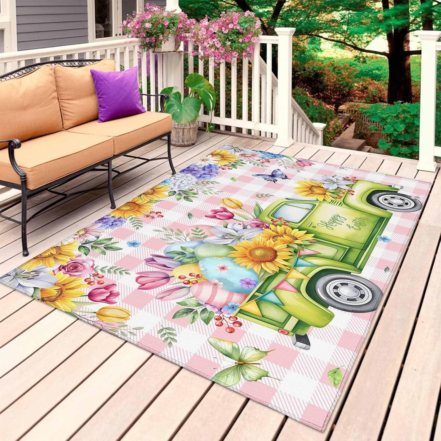 Spring Easter Outdoor Rug for Patio/Deck/Porch, Non-Slip Large Area Rug 5 x 7 Ft, Colorful Eggs Floral Truck Butterflies Pink Plaid Indoor Outdoor Rugs Washable Area Rugs, Camping Rug Carpet Runner
