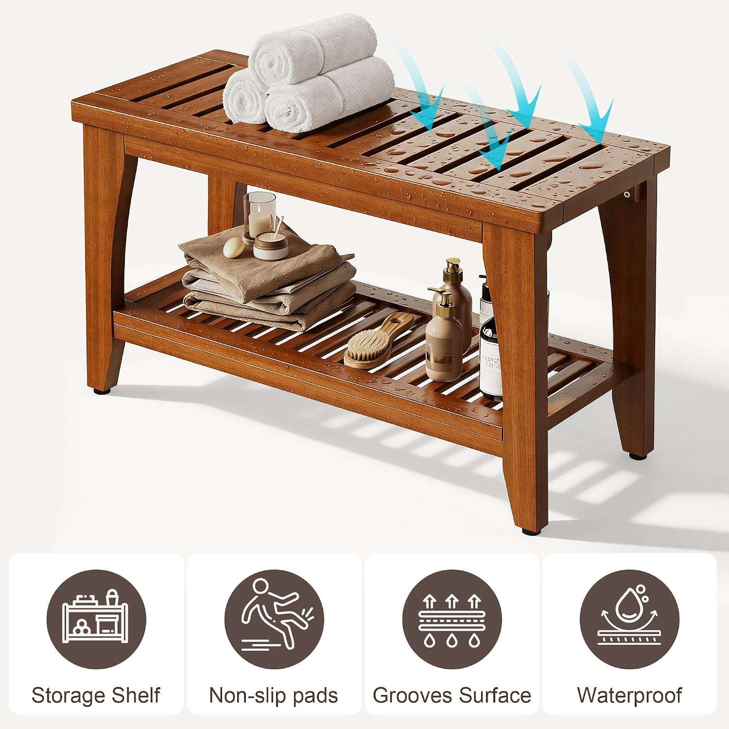 30' Premium Solid Teak Shower Bench with Storage Shelf - 450 lbs Capacity, Waterproof & Non-Slip Seat for Bathroom, Poolside, Spa