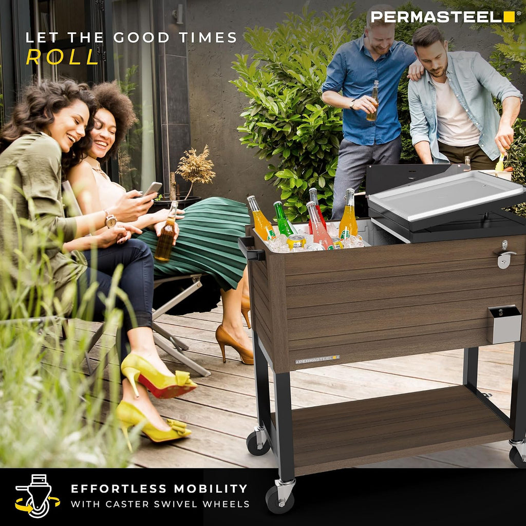 Permasteel 80 Quart Party Cooler, Rolling Ice Chest with Wheels and Handles for Indoor Outdoor Patio