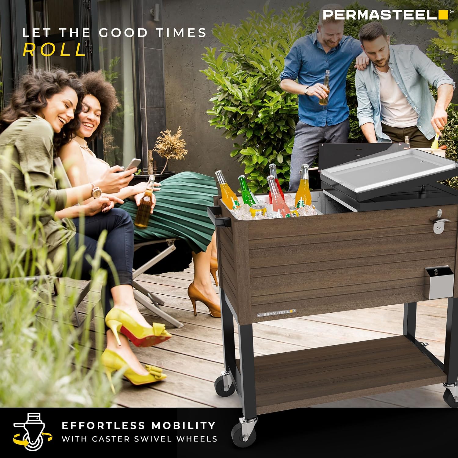 Permasteel 80 Quart Party Cooler, Rolling Ice Chest with Wheels and Handles for Indoor Outdoor Patio