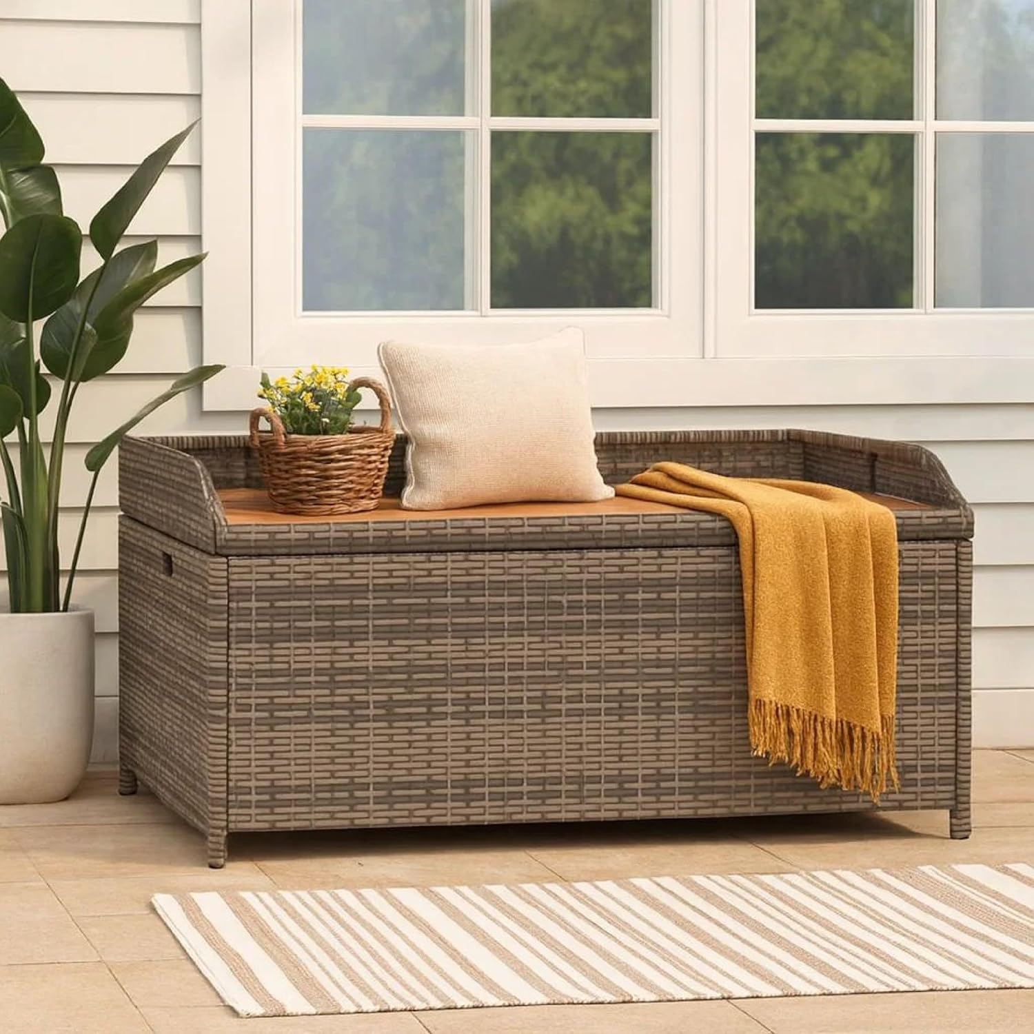 Foto Outdoor Bench, 39 Inch, Gray Wicker Rattan, Under Seat Storage