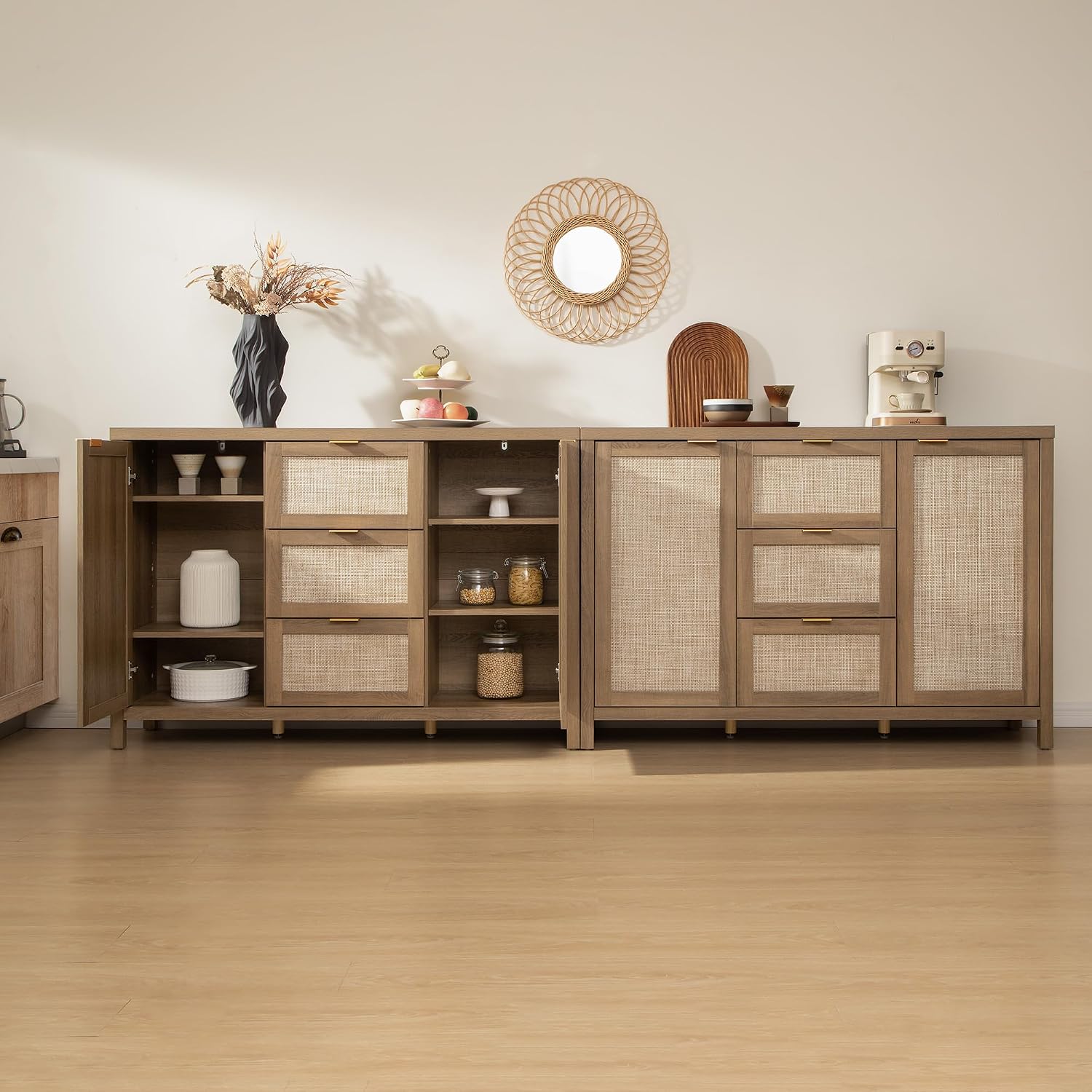 SICOTAS Rattan Large Sideboard Buffet Cabinet with Storage - Farmhouse Boho Coffee Bar Storage Cabinet with 3 Drawers and 2 Doors, Tall Credenza for Living Room, Kitchen, Caramel Oak (2 Pieces)