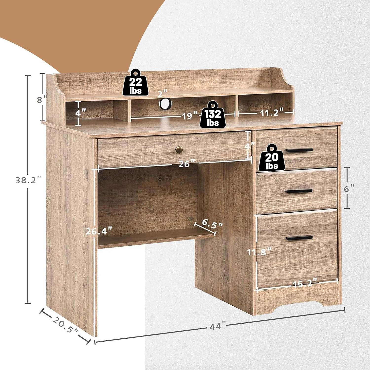 Catrimown Computer Desk with 4 Drawers and Hutch, Wood Executive Desks with File Drawer and Shelves, Small Desk Study Table for Bedroom, Student Teen Writing Laptop Table, Grey