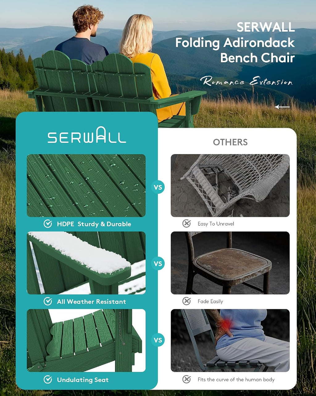 SERWALL Folding Adirondack Bench, HDPE All-Weather Adirondack Loveseat, 660 lbs Capacity, Foldable Outdoor Patio Bench for Deck, Lawn, Garden, Green