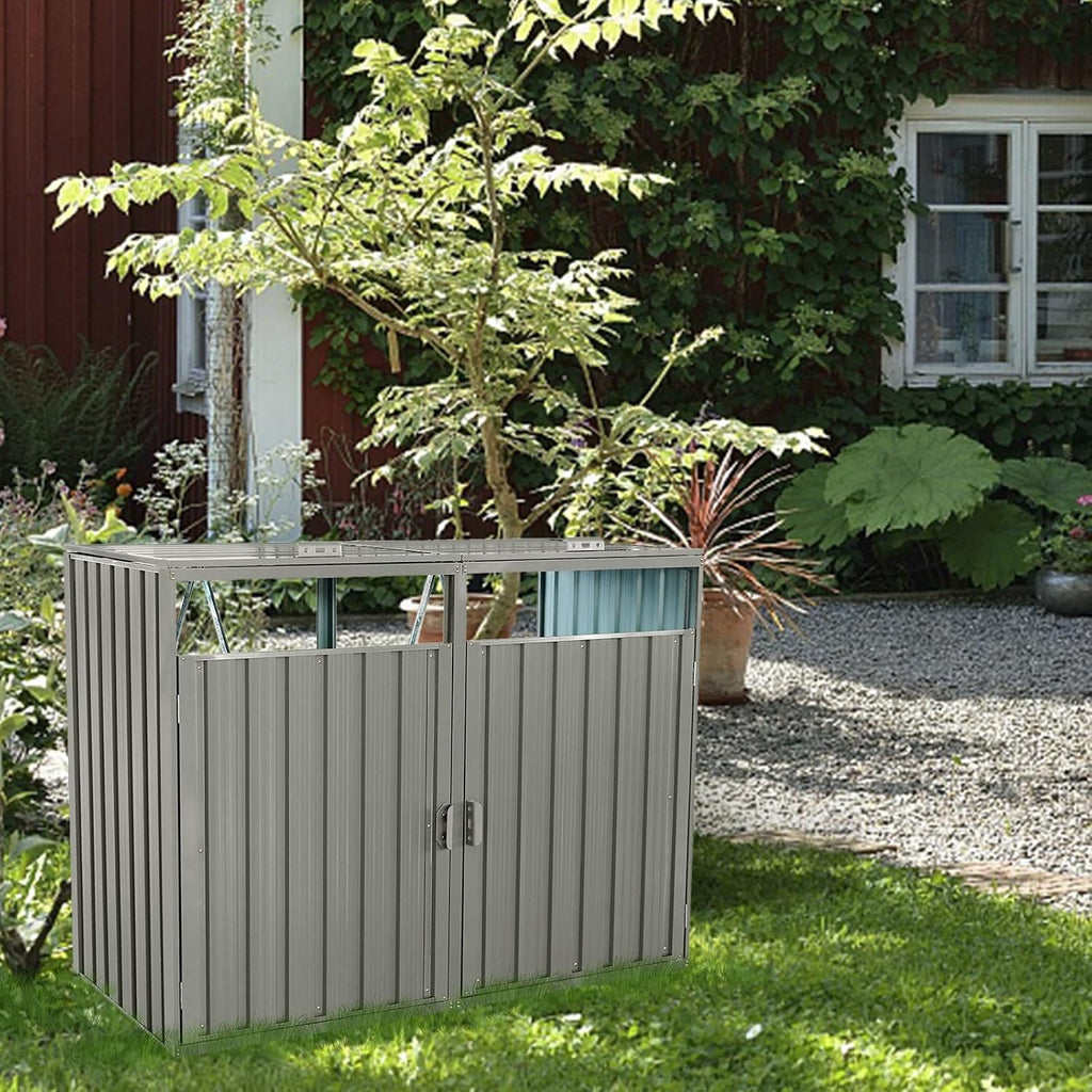 Outdoor Trash Can Storage Shed, Metal Trash Can Enclosure for 2 Trash Cans, Garbage Can Holders for Outside, Garbage Bin Storage Shed for Garden Yard Lawn (5.3 FT, Light Gray)