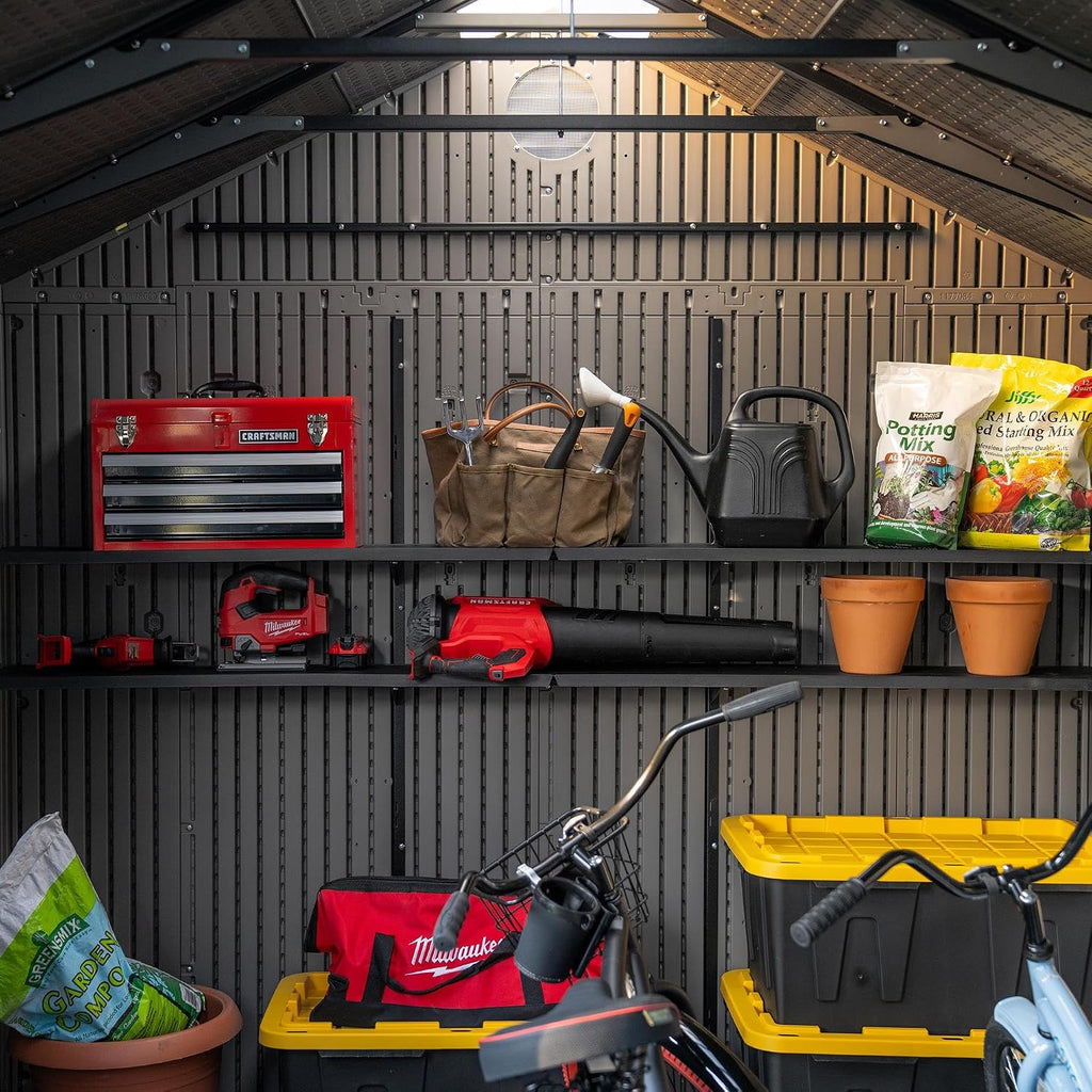 Lifetime 20x8 Ft Outdoor Storage Shed, Gray HDPE Construction, Steel-Reinforced Walls, Dual-Entry Design with Lockable Doors, Skylights, Adjustable Shelving System, Snow Load Kit Included