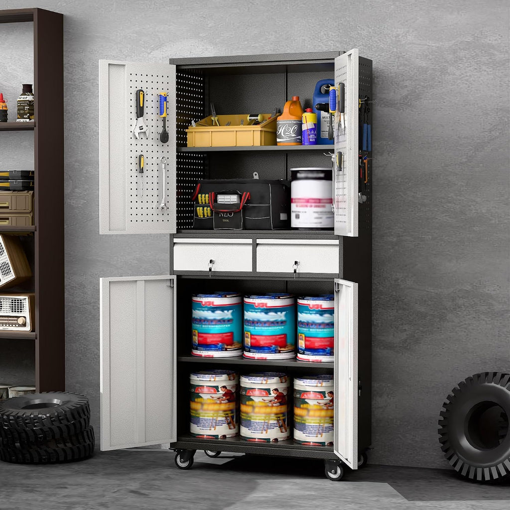 Reemoon Garage Storage Cabinet with Wheels and Doors,71' H Metal Storage Cabinet with Pegboard and 2 Drawers for Garage, Warehouse,Home,Required Assembly,Black and Silver