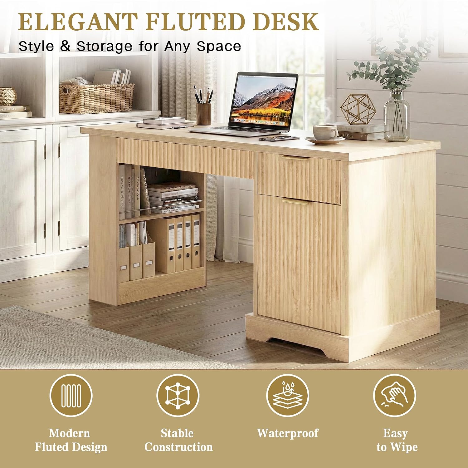 RiteSune 55' Office Desk with USB Charging, Fluted Computer Desk with Pegboard, Convertible Keyboard Tray & Adjustable Storage Cabinet, Modern Home Office Desk