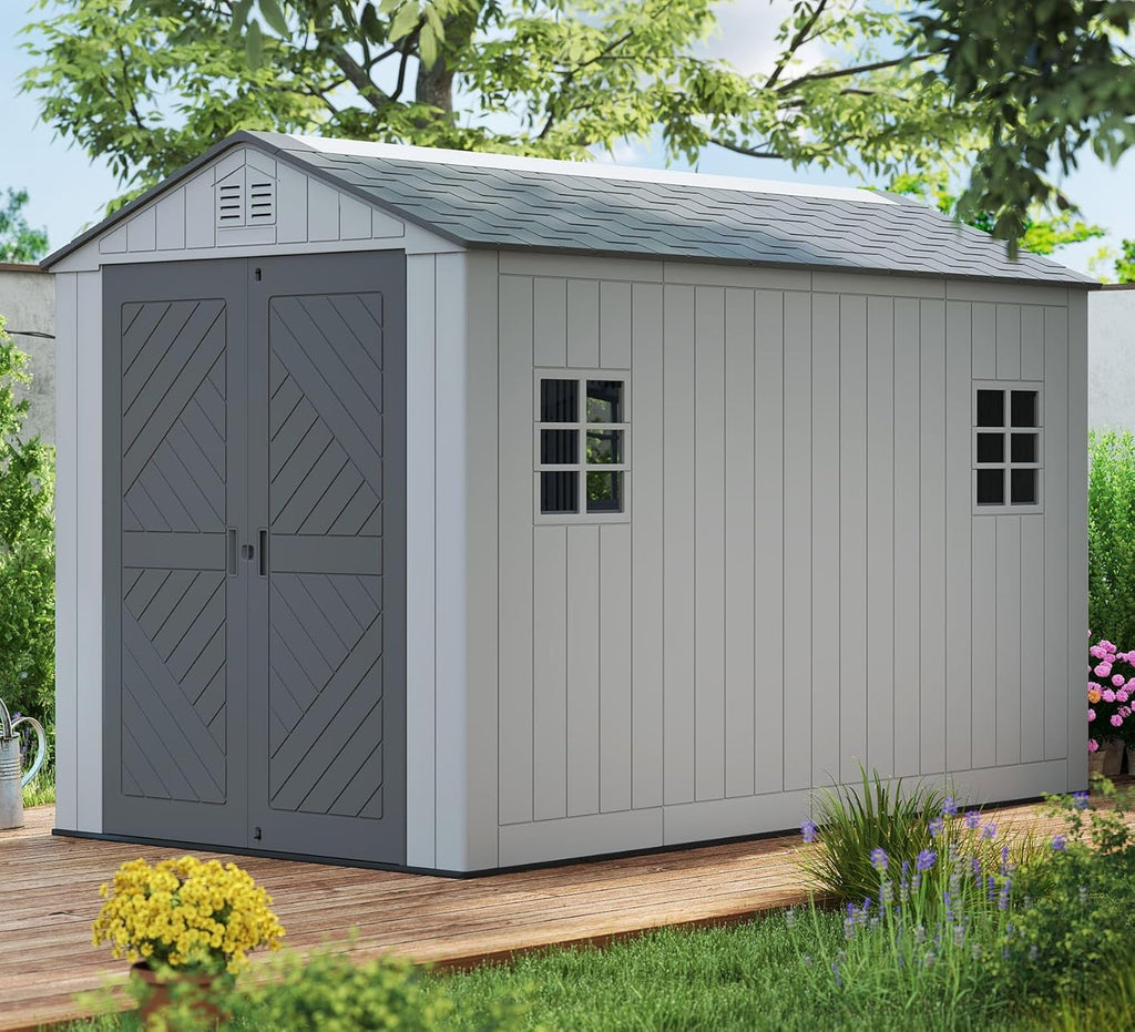 ZZM Outdoor Storage Shed 6x11 Ft, All-Weather Resistant Resin Garden Sheds & Outdoor Storage Clearance with Floor and Windows, Double-Layer Plastic Tool Shed for Backyard, Patio & Lawn (Gray)