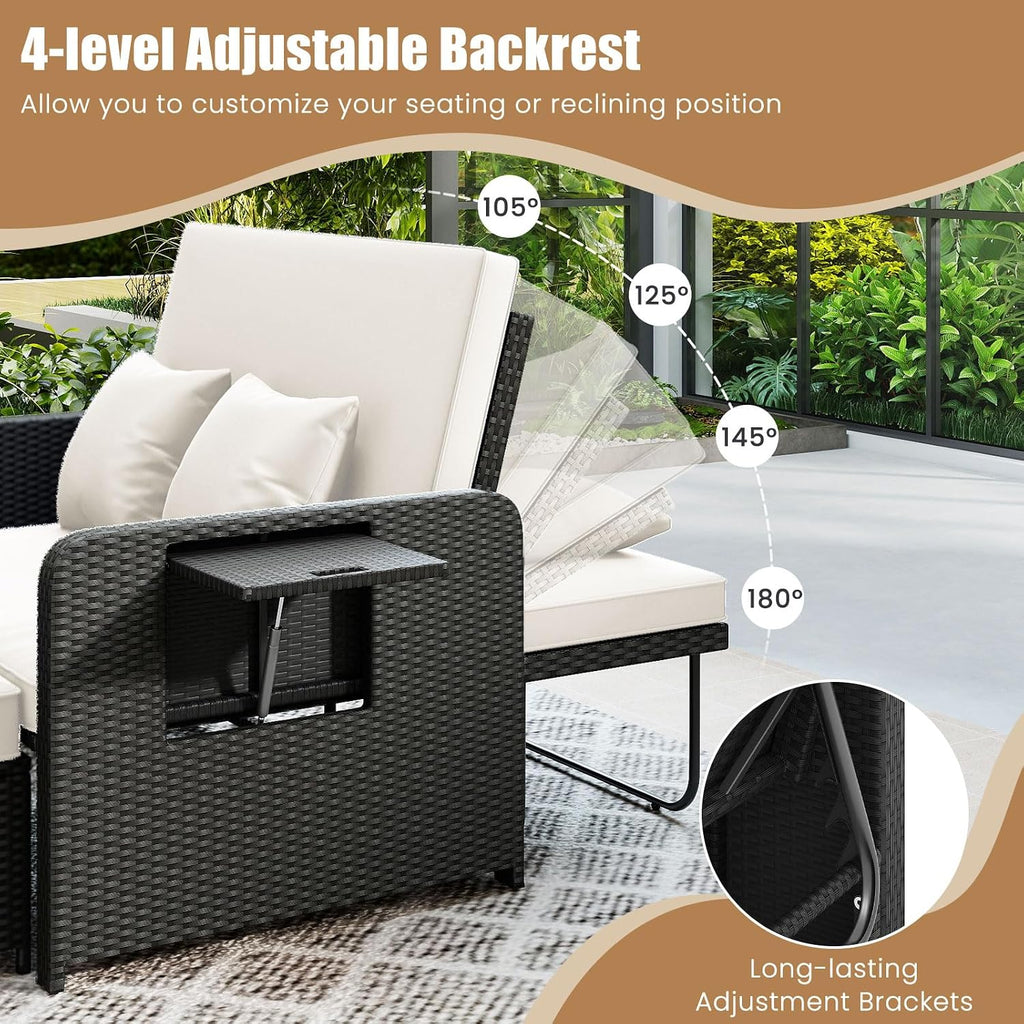 COSTWAY Patio Rattan Daybed with Cushions, Outdoor Wicker Loveseat Sofa with Storage Ottoman, 4-Level Adjustable Backrest, Bed Lounger for Yard, Balcony, Porch, Garden, Pool (Black+White)