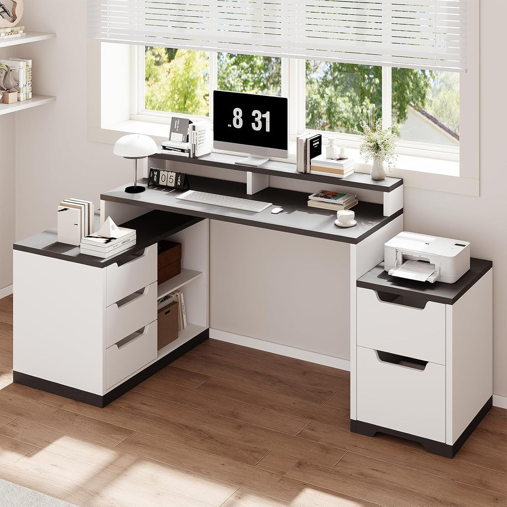 MaverickFurni Modern L Shaped Desk with Drawers, 71 Inch Home Office Desk with File Cabinet and Printer Shelf, Wood Computer Desk with File Drawers and Monitor Stand, White and Black