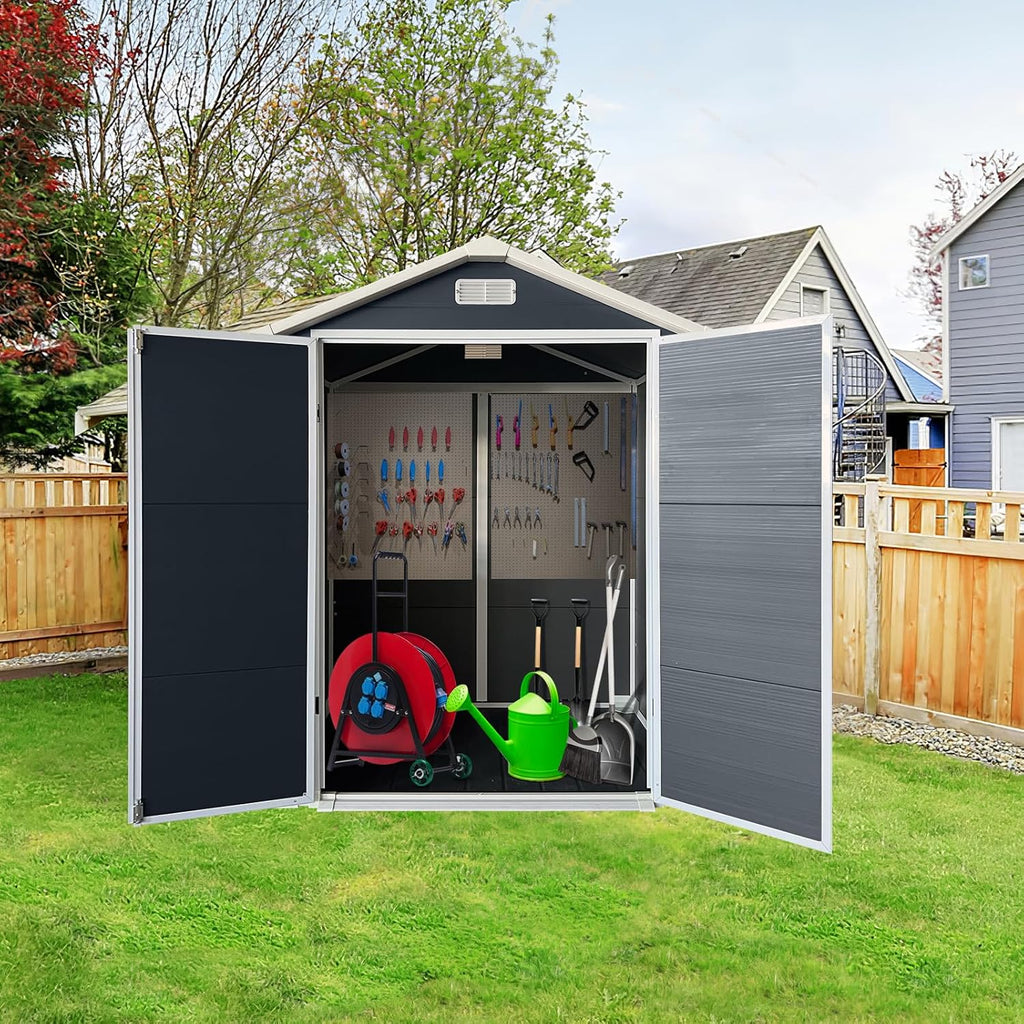 YOPTO 6x4 FT Storage Shed,Plastic Outdoor Storage Shed with Floor and Lockable Door,Waterproof Garden Shed W/Windows & Vents,Sloped Roof,Tool House for Storing Bicycles,Lawnmowers,Cold Grey