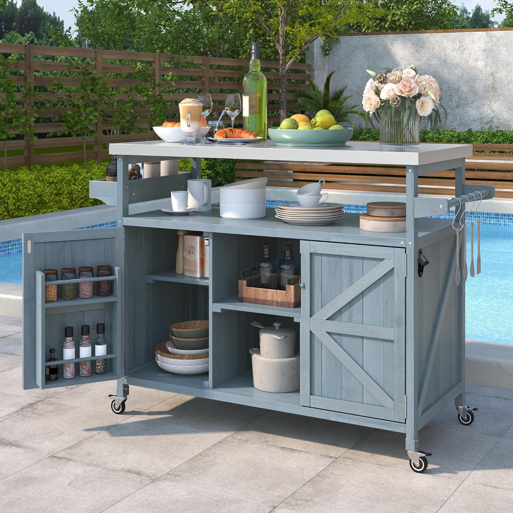 Ball & Cast Outdoor Kitchen Island,Rolling Bar Cart & Storage Cabinet,Farmhouse Solid Wood Outdoor Grill Table with Stainless Steel Top,Spice and Towel Rack,for Kitchen,Barbecue,Grey+Blue,50.25'