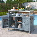 Ball & Cast Outdoor Kitchen Island,Rolling Bar Cart & Storage Cabinet,Farmhouse Solid Wood Outdoor Grill Table with Stainless Steel Top,Spice and Towel Rack,for Kitchen,Barbecue,Grey+Blue,50.25'